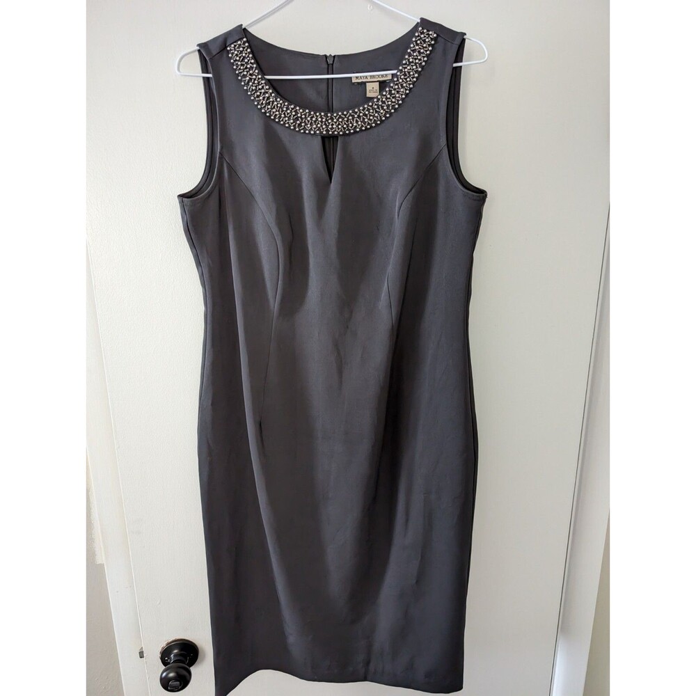 Women's Maya Brooke Sheath Sleeveless Grey Dress With Beaded Neckline Size 8